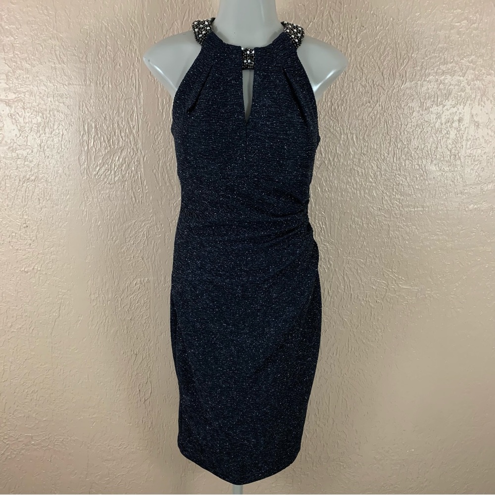 DJ-Jaz Navy Blue Grecian Neck Beaded Ruched Cocktail Dress